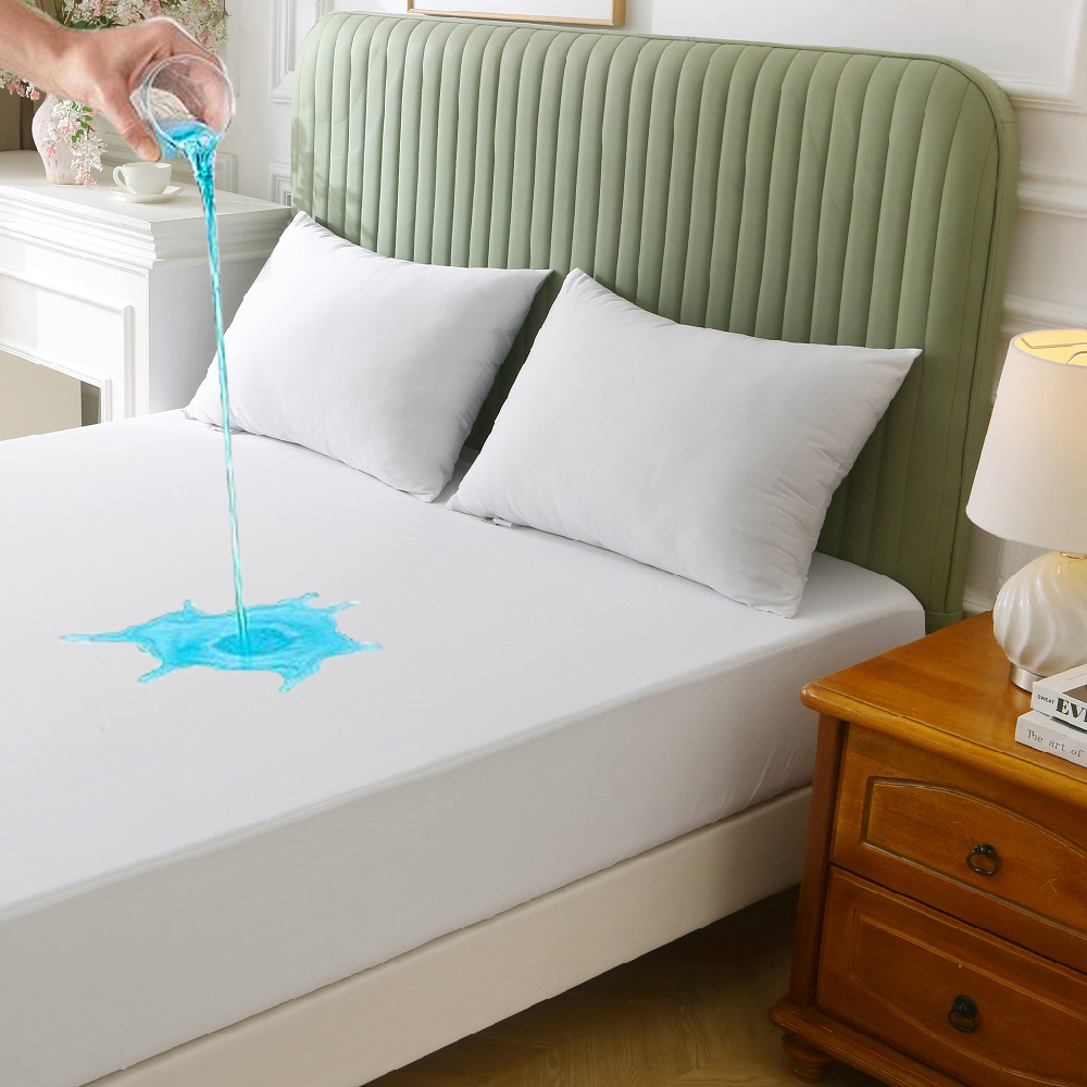 MDPE+Nylon Cooling Fiber Knitted Jersey Fabric Laminated with TPU Waterproof Fabric Mattress Protector · Full Polyester Knitted Fabric Laminated with TPU Waterproof Layer Bed Skirt — Cooling Comfort, 